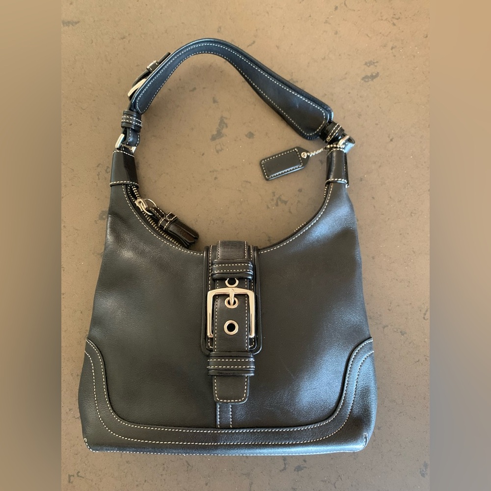Coach Dark Leather Shoulder Bag with Silver Buckle